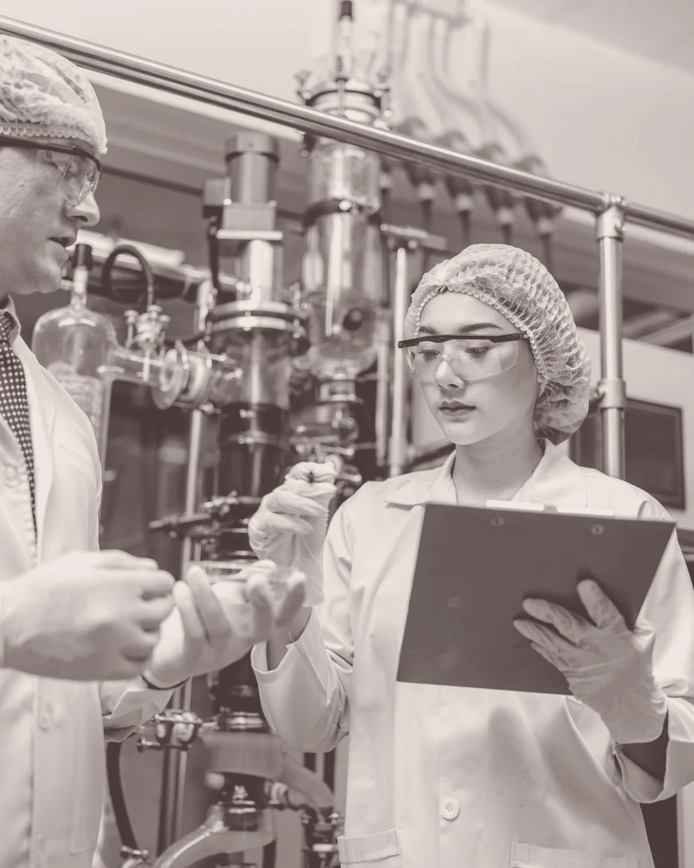 Two pharmaceutical scientists reviewing results beside process equipment